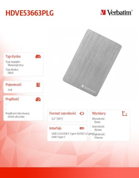 Verbatim Dysk zewnętrzny 1TB ALU Slim USB 3.0 53663