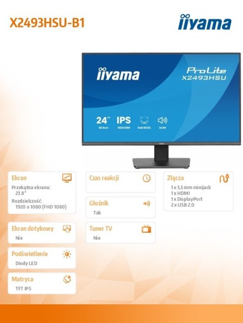 IIYAMA Monitor 24 cale X2493HSU-B1 IPS,FHD,HDMI,DP,120Hz, 1500:1, 2xUSB, 350cd, cienka ramka z 4 stron