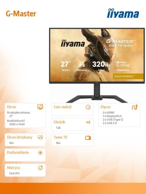 IIYAMA Monitor 25 cali GB2791QSU-B1 0.6ms,DP,2xHDMI 2.1 ,320Hz, Fast IPS, WQHD,350 cd/m2, USB HUB x4 (2x Type-A, 2x Type-C), G-SYNC co