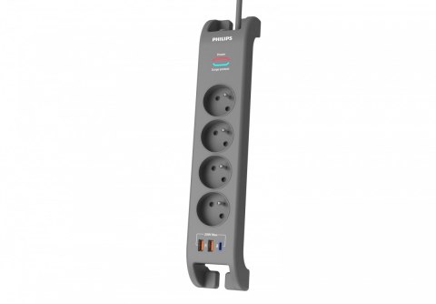 Philips Listwa antyprzepięciowa 2m, 4 gniazda, 1xUSB-C, 2xUSB-A,PD 20W / QC 18W, 2400 J ochrony przeciwprzepięciowej