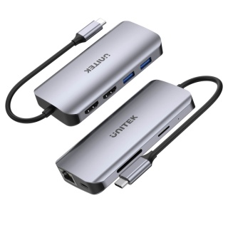 Hub USB-C Unitek D1122A01 8w1 2x HDMI 4K 60Hz RJ-45 czytnik kart SD PD 100W