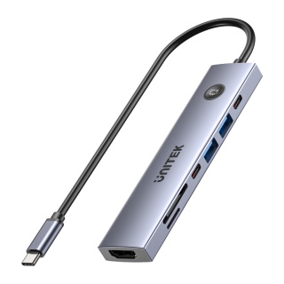 Hub USB C Unitek uHUB S7 Pro 7w1 4K 60Hz HDMI PD 100W przycisk On Off lekki