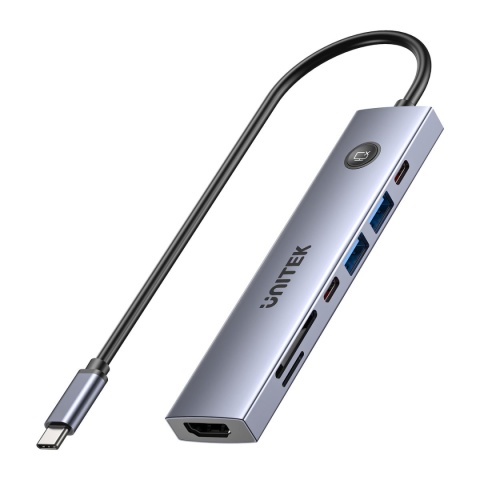 Hub USB C Unitek uHUB S7 Pro 7w1 4K 60Hz HDMI PD 100W przycisk On Off lekki