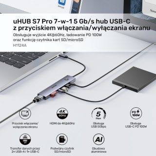Hub USB C Unitek uHUB S7 Pro 7w1 4K 60Hz HDMI PD 100W przycisk On Off lekki