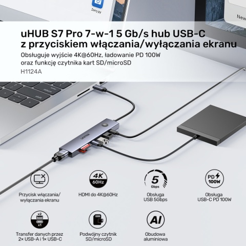Hub USB C Unitek uHUB S7 Pro 7w1 4K 60Hz HDMI PD 100W przycisk On Off lekki