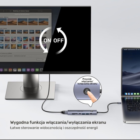 Hub USB C Unitek uHUB S7 Pro 7w1 4K 60Hz HDMI PD 100W przycisk On Off lekki