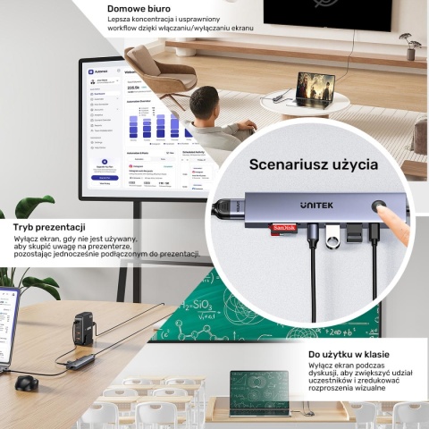 Hub USB C Unitek uHUB S7 Pro 7w1 4K 60Hz HDMI PD 100W przycisk On Off lekki