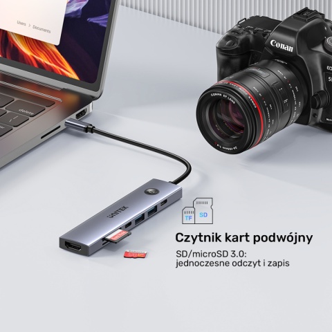 Hub USB C Unitek uHUB S7 Pro 7w1 4K 60Hz HDMI PD 100W przycisk On Off lekki