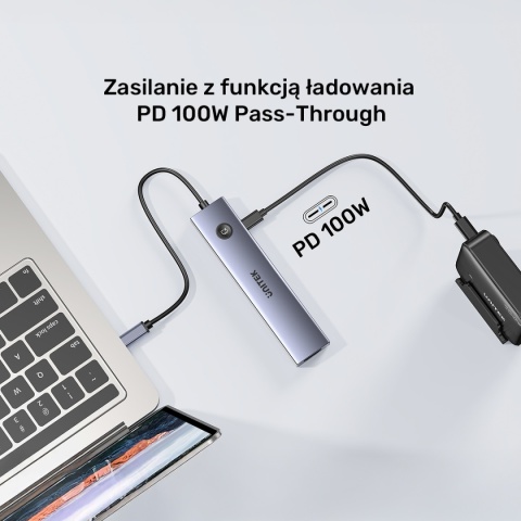 Hub USB C Unitek uHUB S7 Pro 7w1 4K 60Hz HDMI PD 100W przycisk On Off lekki