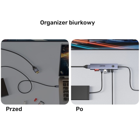 Hub USB C Unitek uHUB S7 Pro 7w1 4K 60Hz HDMI PD 100W przycisk On Off lekki