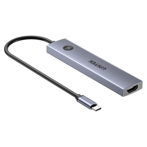 Hub USB C Unitek uHUB S7 Pro 7w1 4K 60Hz HDMI PD 100W przycisk On Off lekki