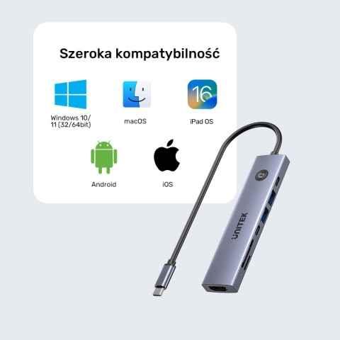 Hub USB C Unitek uHUB S7 Pro 7w1 4K 60Hz HDMI PD 100W przycisk On Off lekki