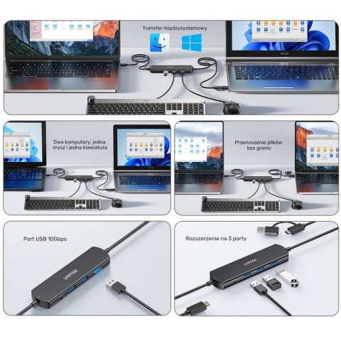 Hub USB KVM Unitek U1344A 10Gbps 3x USB A USB C dla 2 komputerów kompaktowy