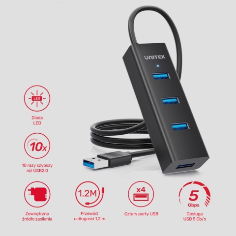 Hub USB Unitek Y-3089V01 5 Gbps 4x USB-A aktywny kabel 120 cm USB-C szybki