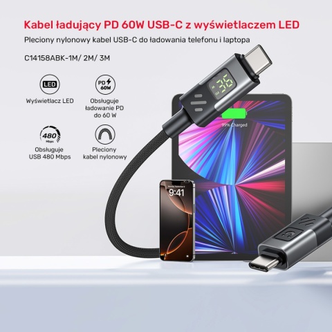 Kabel Przewód Unitek C14158ABK01 USB-C Do USB-C PD 60 W 3 m Z Wyświetlaczem