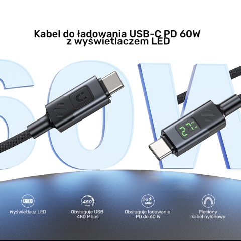 Kabel Przewód Unitek C14158ABK01 USB-C Do USB-C PD 60 W 3 m Z Wyświetlaczem