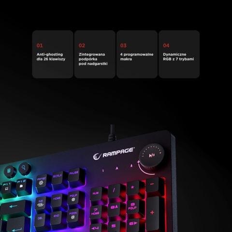 Klawiatura Rampage KB-GX65 Simula membranowa gamingowa RGB makra czarna