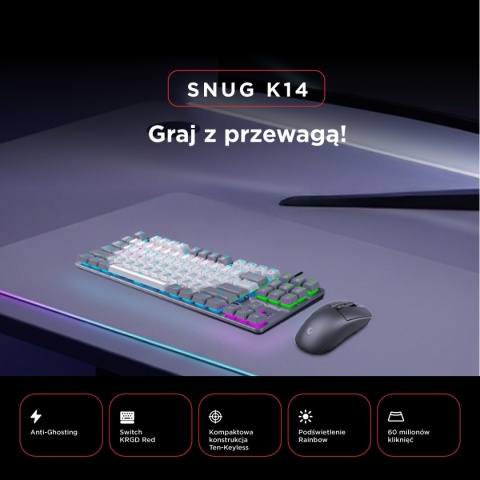 Klawiatura mechaniczna Rampage SNUG K14 TKL RGB Red biało-szara gamingowa