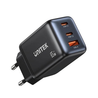 Ładowarka Unitek GaN 65 W PD 3.0 2x USB-C 1x USB-A Nintendo Switch 2 Czarna