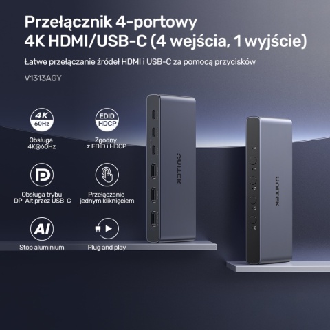 Przełącznik Switch KVM Unitek V1313AGY HDMI USB-C 4K 4 Wejścia 1 Wyjście