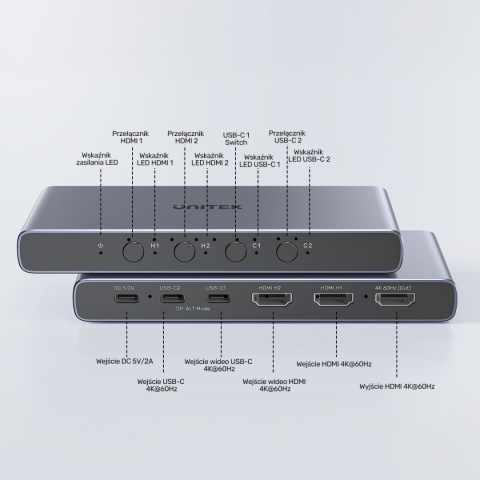 Przełącznik Switch KVM Unitek V1313AGY HDMI USB-C 4K 4 Wejścia 1 Wyjście