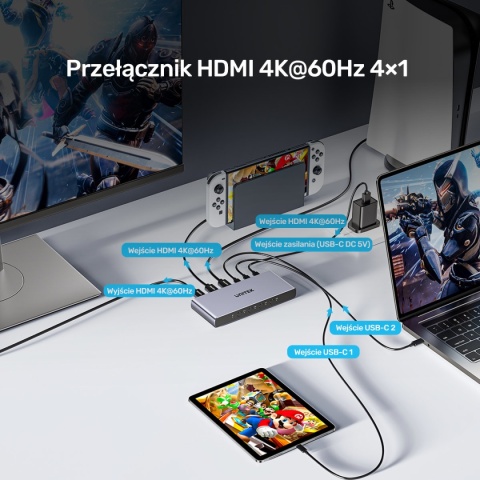 Przełącznik Switch KVM Unitek V1313AGY HDMI USB-C 4K 4 Wejścia 1 Wyjście