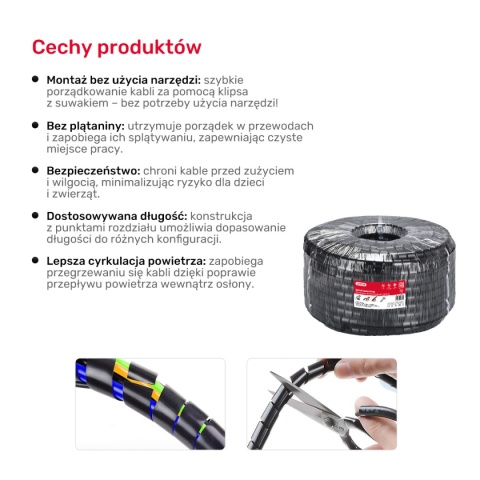 Spiralny organizer kabli Unitek 5 m 22 mm czarny wytrzymały estetyczny