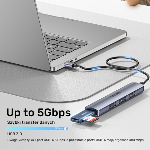 Unitek H1208C hub USB A 4 porty 5 Gbps 3x 480 Mbps aluminiowy kompaktowy