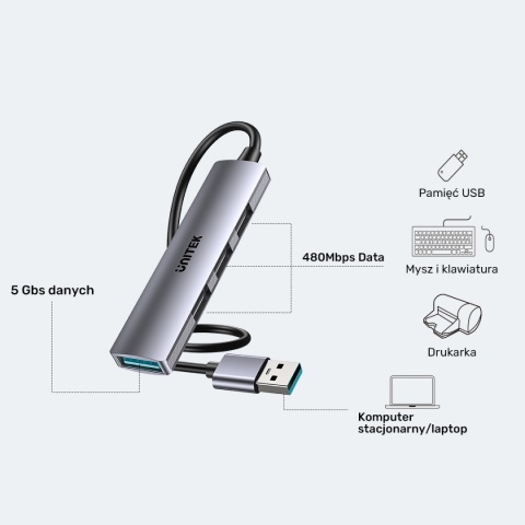 Unitek H1208C hub USB A 4 porty 5 Gbps 3x 480 Mbps aluminiowy kompaktowy