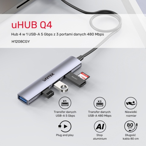 Unitek H1208C hub USB A 4 porty 5 Gbps 3x 480 Mbps aluminiowy kompaktowy