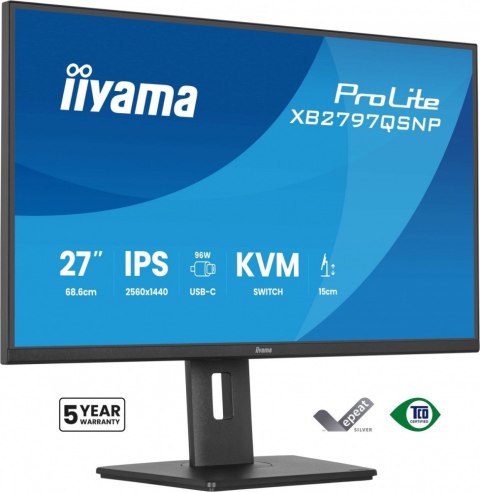 IIYAMA Monitor 27 cali XB2797QSNP-B1 IPS,QHD,USB-c Dock 96W,HDMI, 350cd,1ms, DP, DisplayPort x1 (Daisy Chain MST max. 2560 x1440), USB