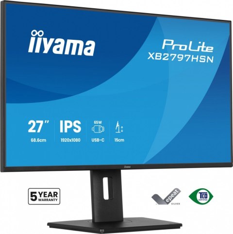 IIYAMA Monitor 27 cali XB2797HSN-B1 IPS,FHD,HAS150 ,350cd,1ms HDMI, DP,USB-C DOCK 65W, 4xUSB HUB, RJ45