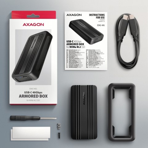 AXAGON EEM2-40G Obudowa zewnętrzna aluminiowa USB4 Gen 3x2 M.2 SSD NVMe 40Gbps passive, USB-C cable, silicon sleeve