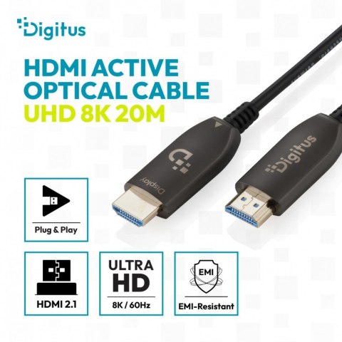 Digitus Kabel połączeniowy hybrydowy HDMI AOC | HDMI-A męski-męski | HDMI 2.1 | UHD-2 8K@60Hz | 48Gbps |HDR, eARC, HDCP 2.2, CEC | 20m