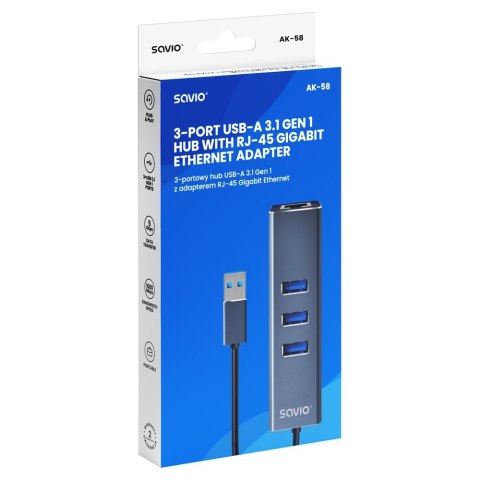 Savio Hub AK-58 3-portowy USB-A 3.1 Gen 1 z adapterem RJ-45 Gigabit Ethernet