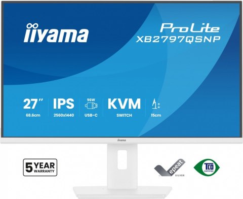 IIYAMA Monitor 27 cali XB2797QSNP-W1 IPS,QHD,USB-c Dock 96W,HDMI, 350cd,1ms, DP, DisplayPort x1 (Daisy Chain MST max. 2560 x1440), USB