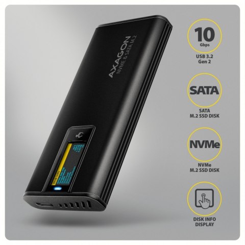 AXAGON EEM2-SD2B Obudowa zewnętrzna aluminiowa bezśrubowa USB-A/C 3.2 Gen2 M.2 NVMe/SATA wyświetlacz LED, czarny