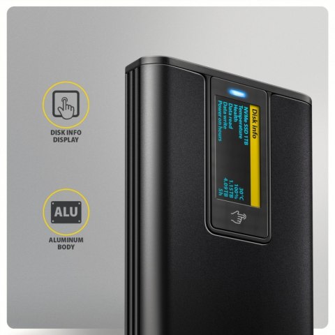 AXAGON EEM2-SD2B Obudowa zewnętrzna aluminiowa bezśrubowa USB-A/C 3.2 Gen2 M.2 NVMe/SATA wyświetlacz LED, czarny