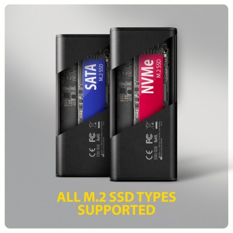 AXAGON EEM2-SD2B Obudowa zewnętrzna aluminiowa bezśrubowa USB-A/C 3.2 Gen2 M.2 NVMe/SATA wyświetlacz LED, czarny