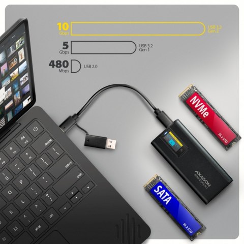 AXAGON EEM2-SD2B Obudowa zewnętrzna aluminiowa bezśrubowa USB-A/C 3.2 Gen2 M.2 NVMe/SATA wyświetlacz LED, czarny