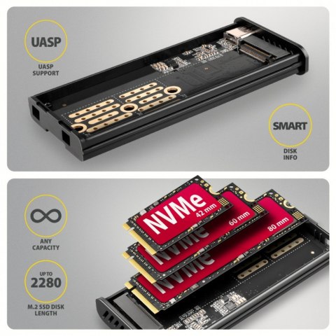 AXAGON EEM2-SD2B Obudowa zewnętrzna aluminiowa bezśrubowa USB-A/C 3.2 Gen2 M.2 NVMe/SATA wyświetlacz LED, czarny