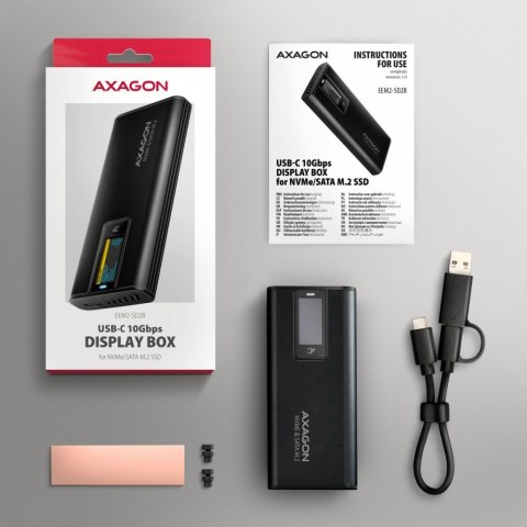 AXAGON EEM2-SD2B Obudowa zewnętrzna aluminiowa bezśrubowa USB-A/C 3.2 Gen2 M.2 NVMe/SATA wyświetlacz LED, czarny