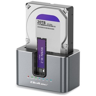 Qoltec Stacja dokująca 2w1 HDD SSD | SATA | M.2 NVMe | Klonowanie | USB-C | 10Gb/s | 28TB