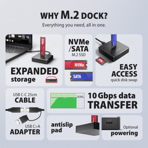 AXAGON ADSA-M2C11 Stacja dokująca USB-C 3.2 Gen 2 ALU - 1 x NVMe /SATA M.2 10Gbps