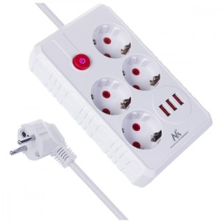 Maclean Listwa zasilająca MCE393 W 4 gniazdka, 3xUSB, 110-240V AC 50/60Hz. 2.1A max 2500W, 3m biała